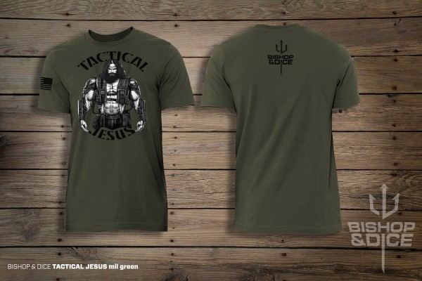 Bishop & Dice Tactical Jesus t-shirt, mil green, front and back
